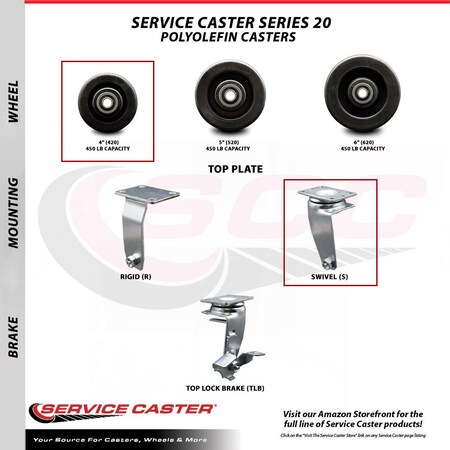 Service Caster 4 Inch Polyolefin Caster Set with Ball Bearings 2 Swivel 2 Rigid SCC SCC-20S420-POB-2-R-2